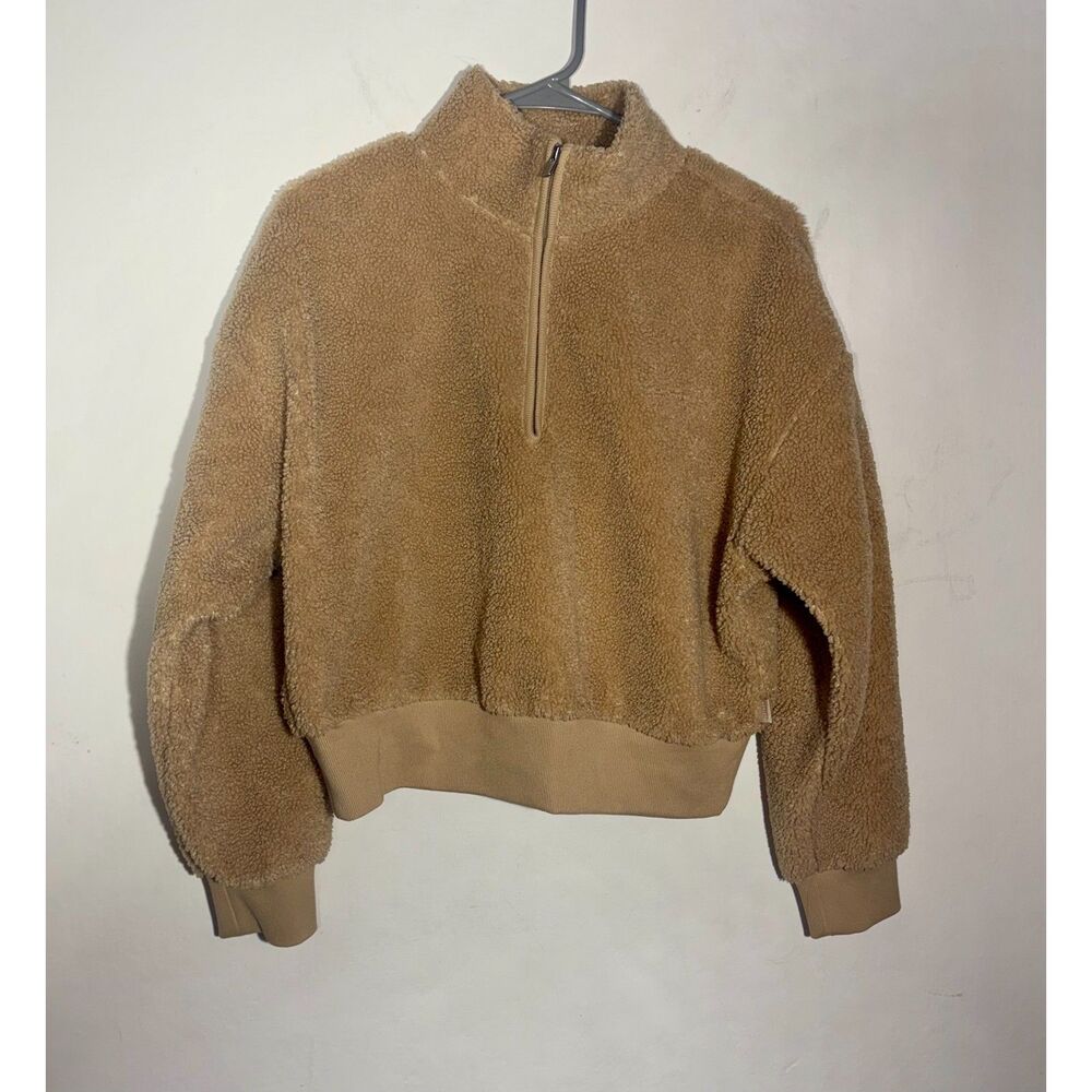 Athleta Sherpa Fleece Pullover Womens Small Beige Tan Cropped 1/4 Zip Cozy